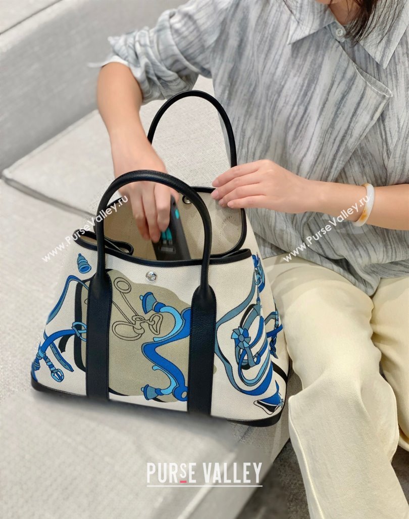 Hermes Garden Party Bag 30/36cm in Printed Canvas and Calfskin Black 09 2024 (Half Handmade) (FLB-240925040)