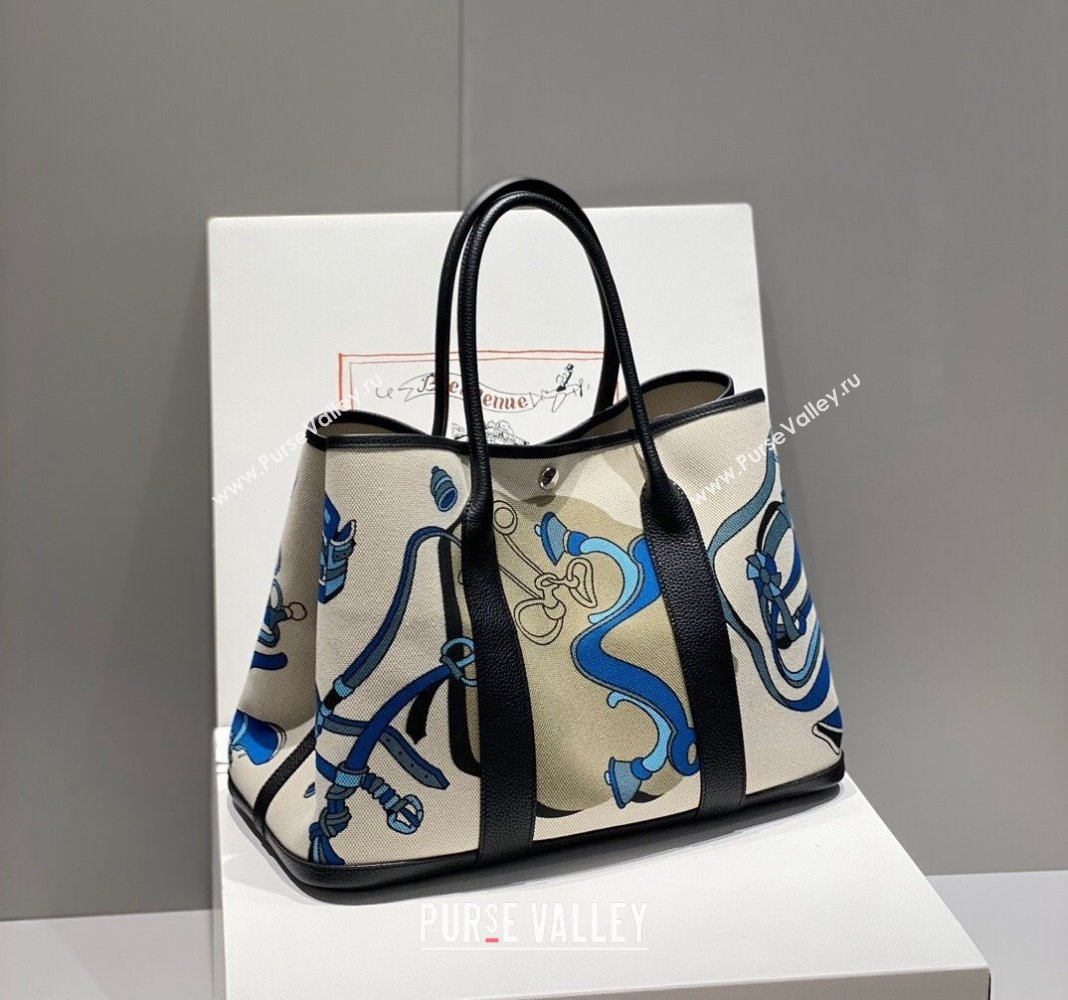 Hermes Garden Party Bag 30/36cm in Printed Canvas and Calfskin Black 09 2024 (Half Handmade) (FLB-240925040)