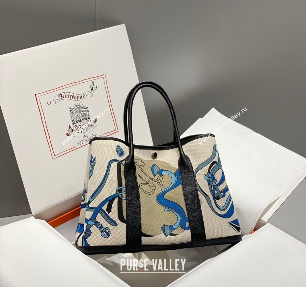 Hermes Garden Party Bag 30/36cm in Printed Canvas and Calfskin Black 09 2024 (Half Handmade) (FLB-240925040)