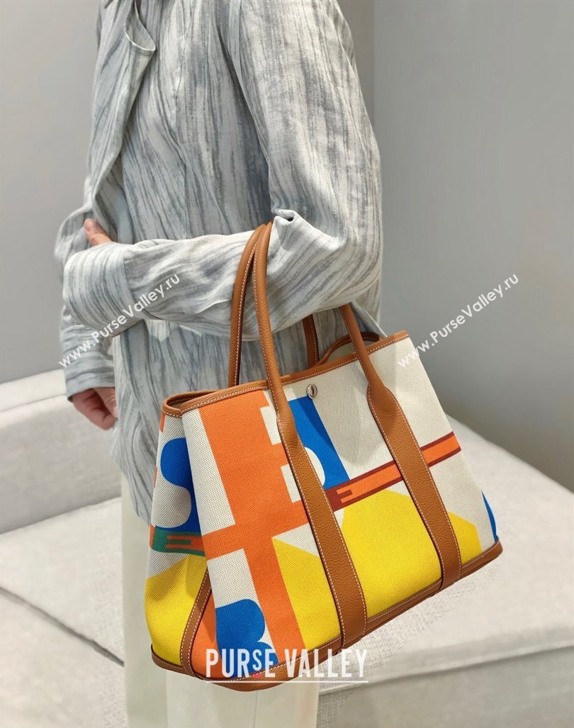 Hermes Garden Party Bag 30/36cm in Printed Canvas and Calfskin Brown 10 2024 (Half Handmade) (FLB-240925041)