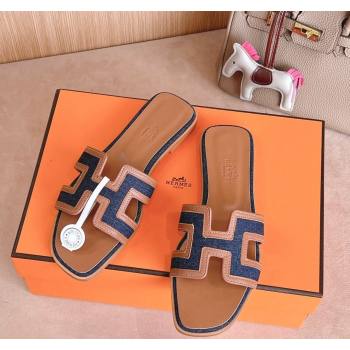 Hermes Classic Oran Flat Slides Sandal in Calfskin and Denim Blue 2024 1008 (MD-241008133)