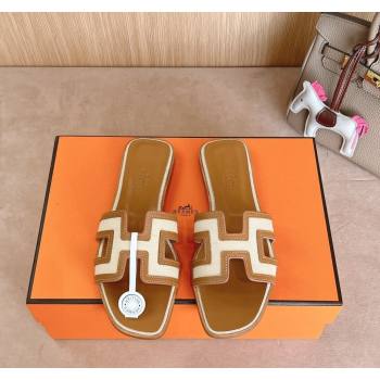 Hermes Classic Oran Flat Slides Sandal in Calfskin and Denim White 2024 1008 (MD-241008134)