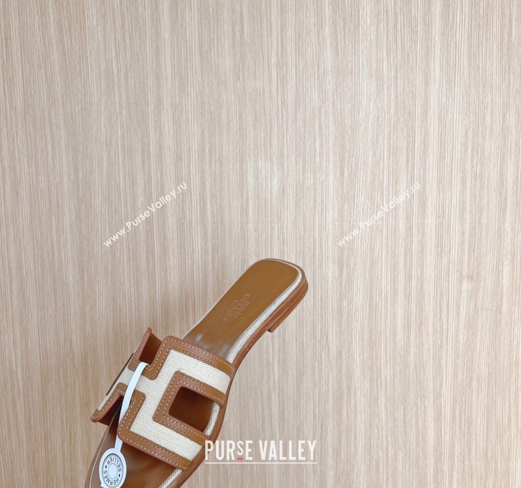 Hermes Classic Oran Flat Slides Sandal in Calfskin and Denim White 2024 1008 (MD-241008134)