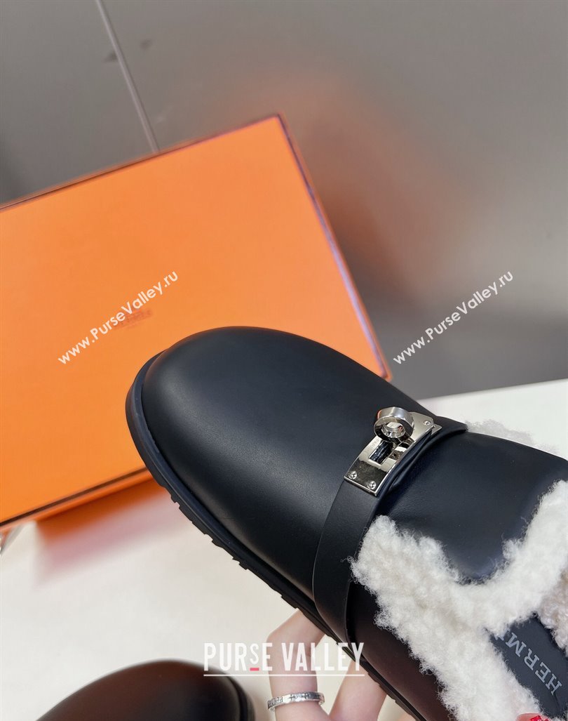 Hermes Kelly Buckle Mules in Calfskin and Wool Fur Black 2024 H1000802 (MD-241008108)