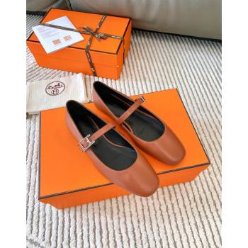 Hermes Mary Jane Ballet Flat in Calfskin with Hapi Buckle Brown 2024 (MD-241008141)