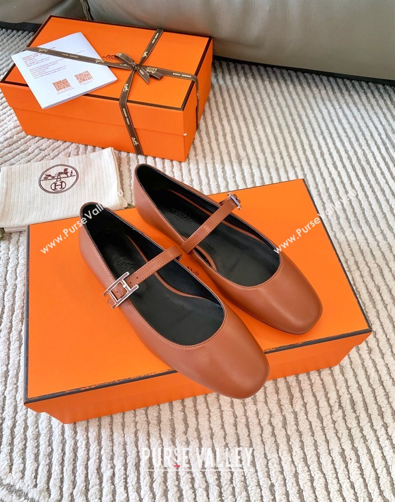 Hermes Mary Jane Ballet Flat in Calfskin with Hapi Buckle Brown 2024 (MD-241008141)