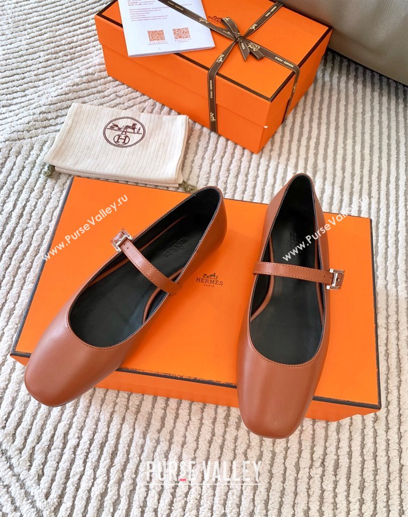 Hermes Mary Jane Ballet Flat in Calfskin with Hapi Buckle Brown 2024 (MD-241008141)