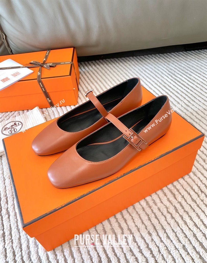 Hermes Mary Jane Ballet Flat in Calfskin with Hapi Buckle Brown 2024 (MD-241008141)