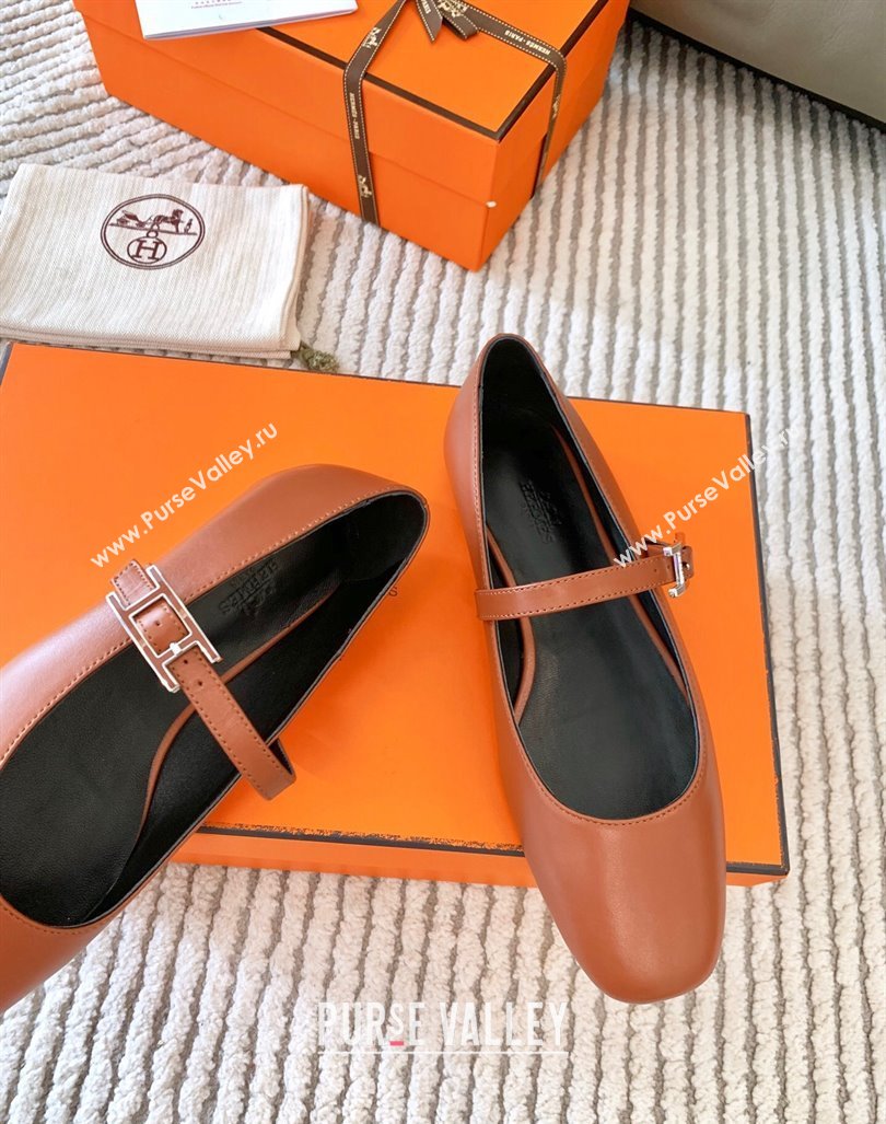 Hermes Mary Jane Ballet Flat in Calfskin with Hapi Buckle Brown 2024 (MD-241008141)