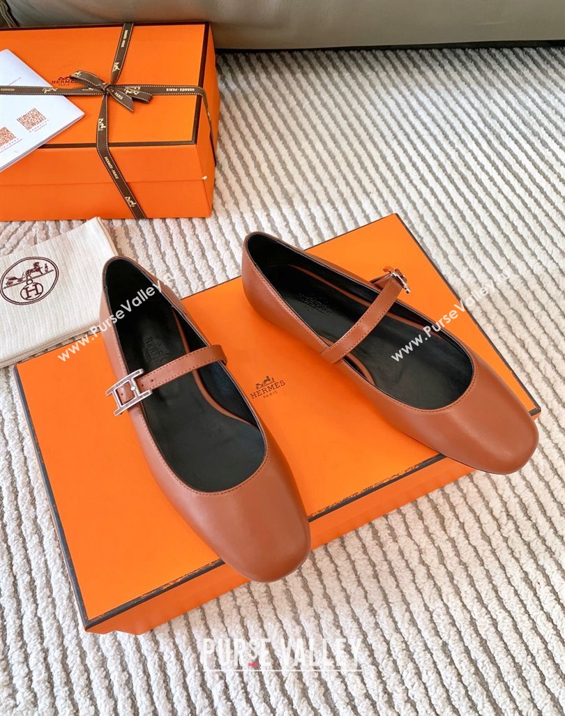 Hermes Mary Jane Ballet Flat in Calfskin with Hapi Buckle Brown 2024 (MD-241008141)