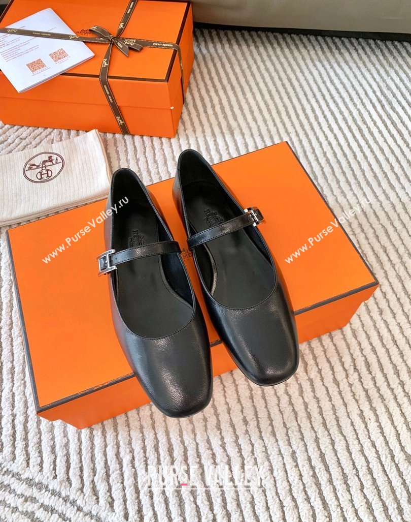 Hermes Mary Jane Ballet Flat in Calfskin with Hapi Buckle Black 2024 (MD-241008142)