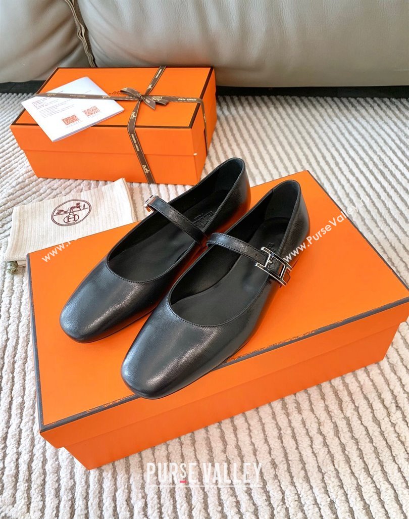 Hermes Mary Jane Ballet Flat in Calfskin with Hapi Buckle Black 2024 (MD-241008142)