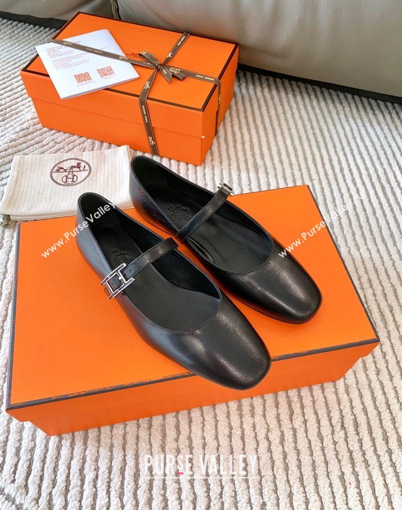 Hermes Mary Jane Ballet Flat in Calfskin with Hapi Buckle Black 2024 (MD-241008142)