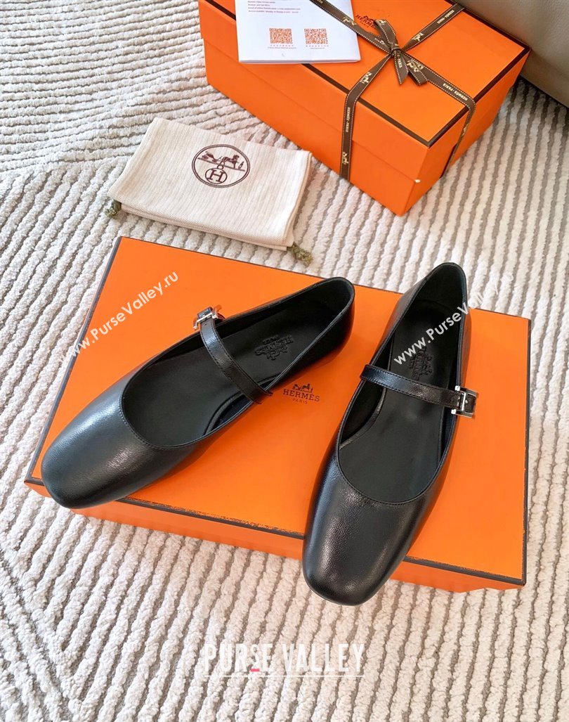 Hermes Mary Jane Ballet Flat in Calfskin with Hapi Buckle Black 2024 (MD-241008142)