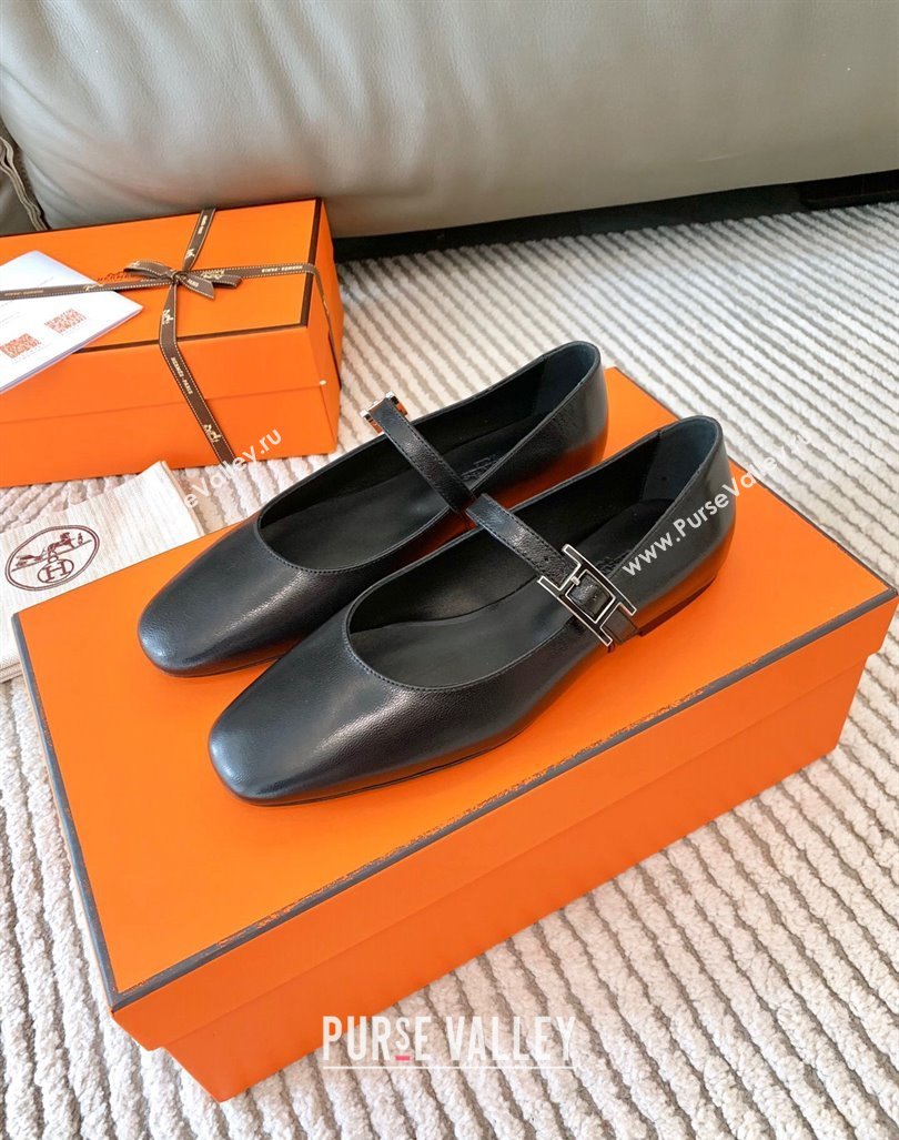 Hermes Mary Jane Ballet Flat in Calfskin with Hapi Buckle Black 2024 (MD-241008142)