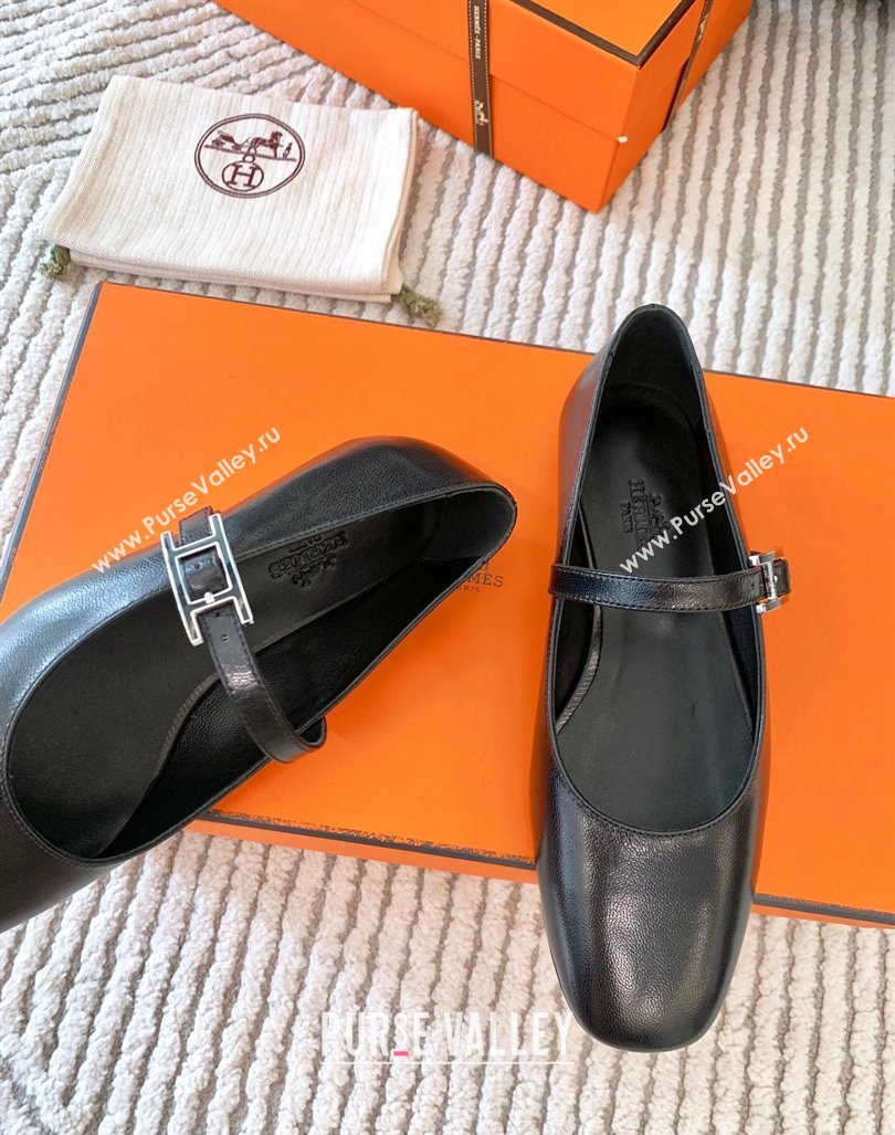 Hermes Mary Jane Ballet Flat in Calfskin with Hapi Buckle Black 2024 (MD-241008142)