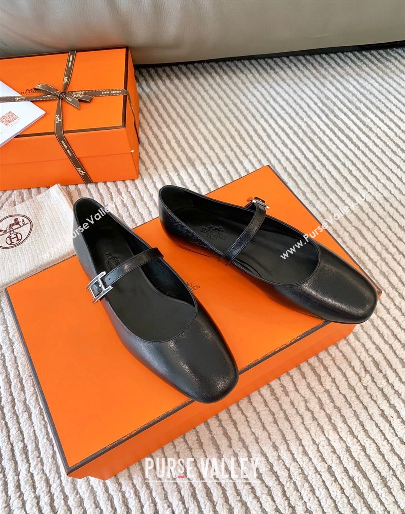 Hermes Mary Jane Ballet Flat in Calfskin with Hapi Buckle Black 2024 (MD-241008142)