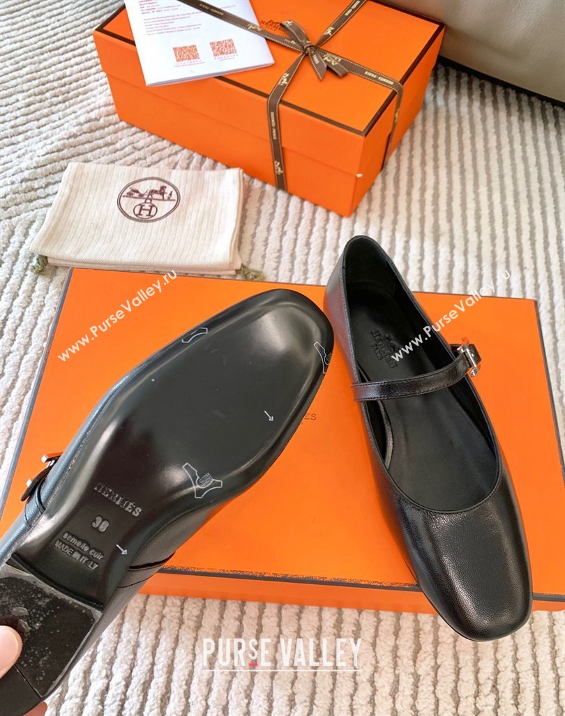 Hermes Mary Jane Ballet Flat in Calfskin with Hapi Buckle Black 2024 (MD-241008142)