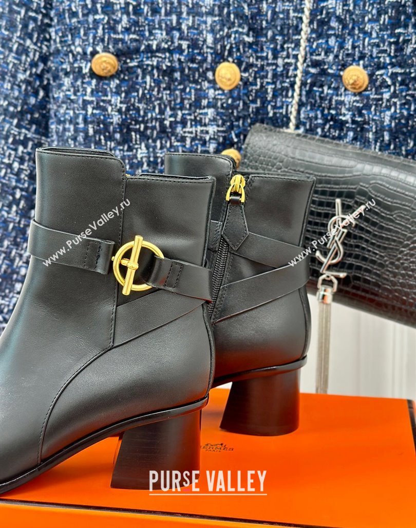 Hermes Jill Heel Ankle Boots 6cm in Calfskin with Glenan Buckle Black 2024 (MD-241008048)