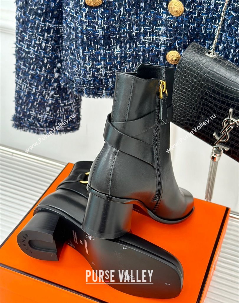 Hermes Jill Heel Ankle Boots 6cm in Calfskin with Glenan Buckle Black 2024 (MD-241008048)