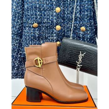 Hermes Jill Heel Ankle Boots 6cm in Calfskin with Glenan Buckle Brown 2024 (MD-241008049)