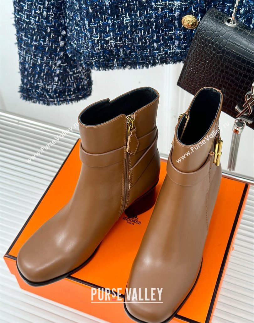 Hermes Jill Heel Ankle Boots 6cm in Calfskin with Glenan Buckle Brown 2024 (MD-241008049)