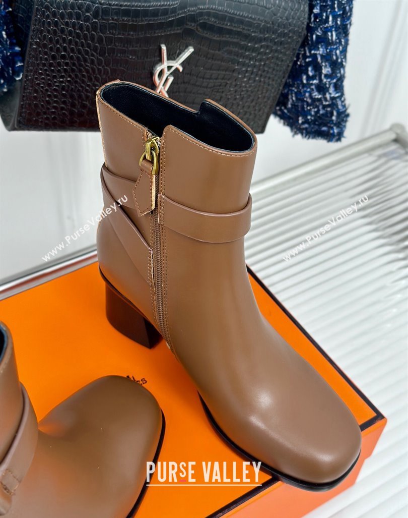 Hermes Jill Heel Ankle Boots 6cm in Calfskin with Glenan Buckle Brown 2024 (MD-241008049)