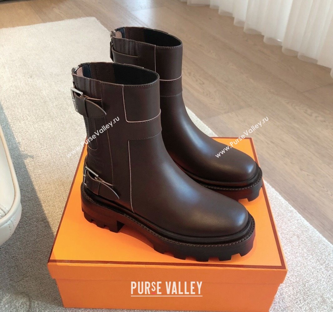 Hermes Jaimy Ankle Boots in Calfskin with Double Buckle Dark Brown 2024 (XC-241008144)