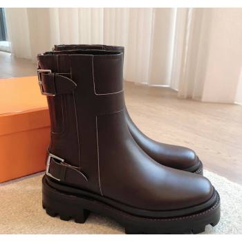 Hermes Jaimy Ankle Boots in Calfskin with Double Buckle Dark Brown 2024 (XC-241008144)