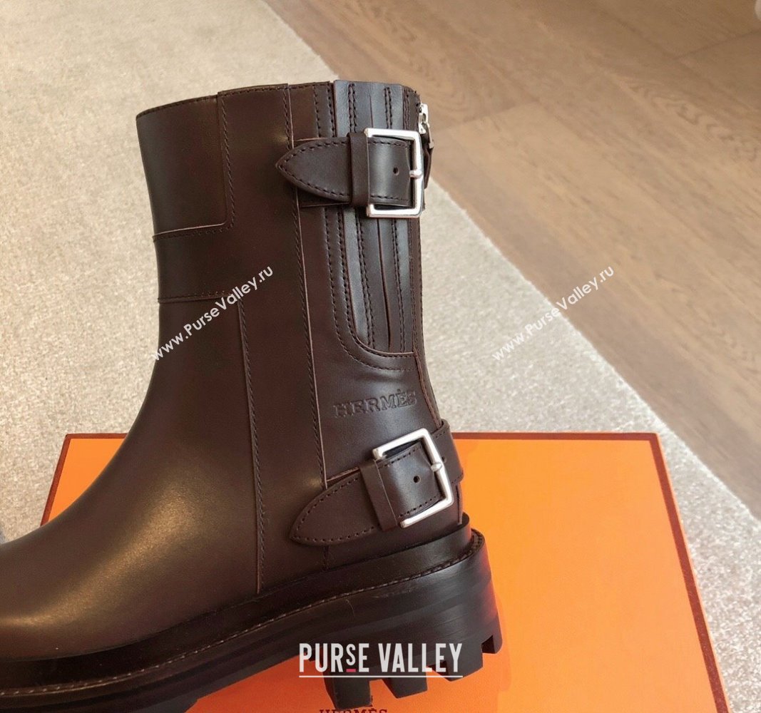 Hermes Jaimy Ankle Boots in Calfskin with Double Buckle Dark Brown 2024 (XC-241008144)
