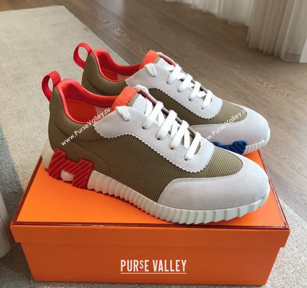 Hermes Bouncing Sneakers in Technical Mesh and Suede Khaki Green 2024 1008 (XC-241008077)