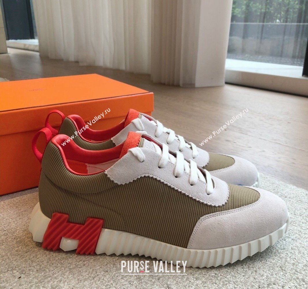 Hermes Bouncing Sneakers in Technical Mesh and Suede Khaki Green 2024 1008 (XC-241008077)