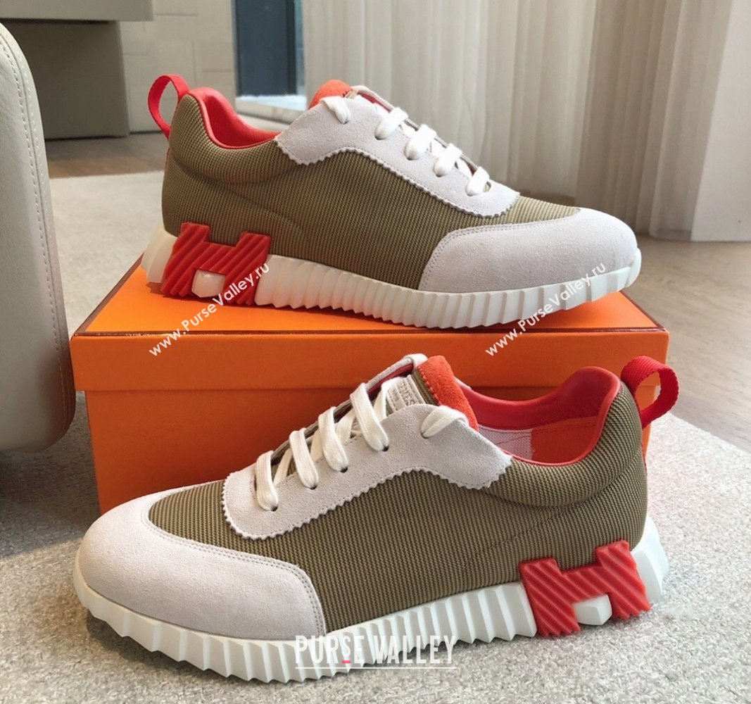 Hermes Bouncing Sneakers in Technical Mesh and Suede Khaki Green 2024 1008 (XC-241008077)