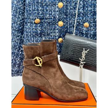 Hermes Jill Heel Ankle Boots 6cm in Suede with Glenan Buckle Dark Brown 2024 (MD-241008051)