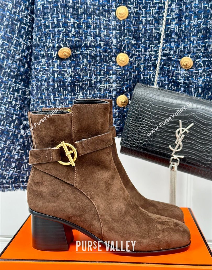 Hermes Jill Heel Ankle Boots 6cm in Suede with Glenan Buckle Dark Brown 2024 (MD-241008051)