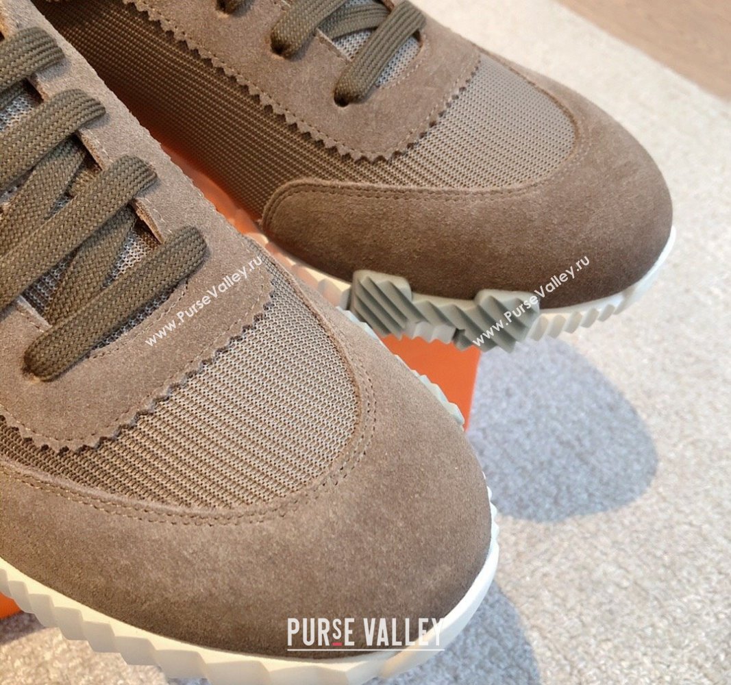 Hermes Bouncing Sneakers in Technical Mesh and Suede Khaki Grey 2024 1007 (XC-241008081)