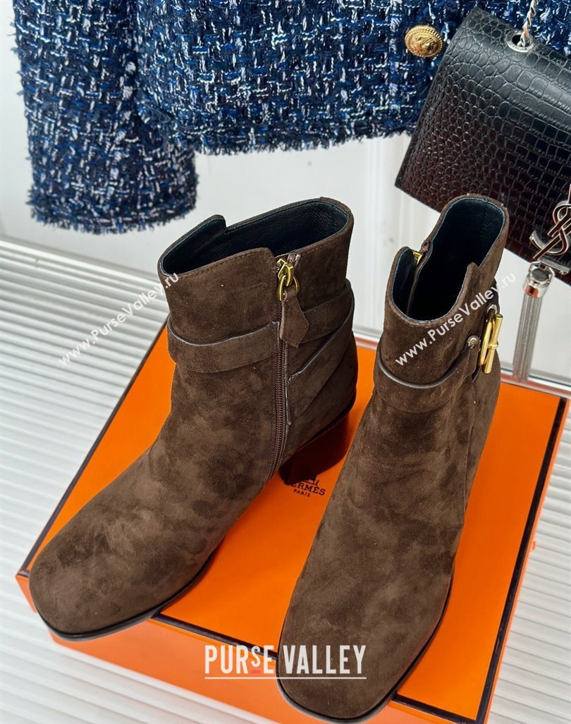 Hermes Jill Heel Ankle Boots 6cm in Suede with Glenan Buckle Dark Brown 2024 (MD-241008051)