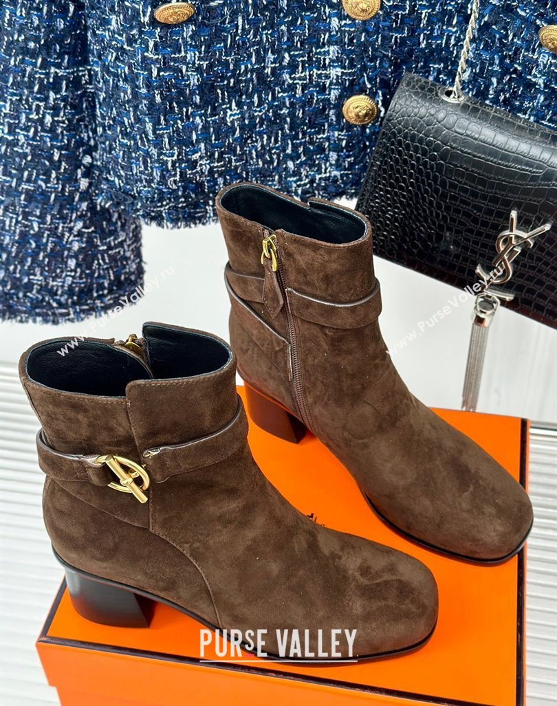 Hermes Jill Heel Ankle Boots 6cm in Suede with Glenan Buckle Dark Brown 2024 (MD-241008051)