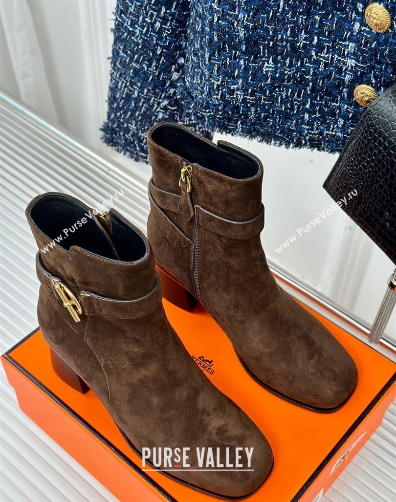 Hermes Jill Heel Ankle Boots 6cm in Suede with Glenan Buckle Dark Brown 2024 (MD-241008051)