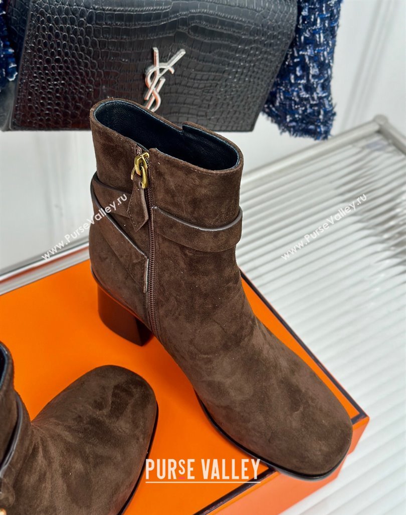 Hermes Jill Heel Ankle Boots 6cm in Suede with Glenan Buckle Dark Brown 2024 (MD-241008051)