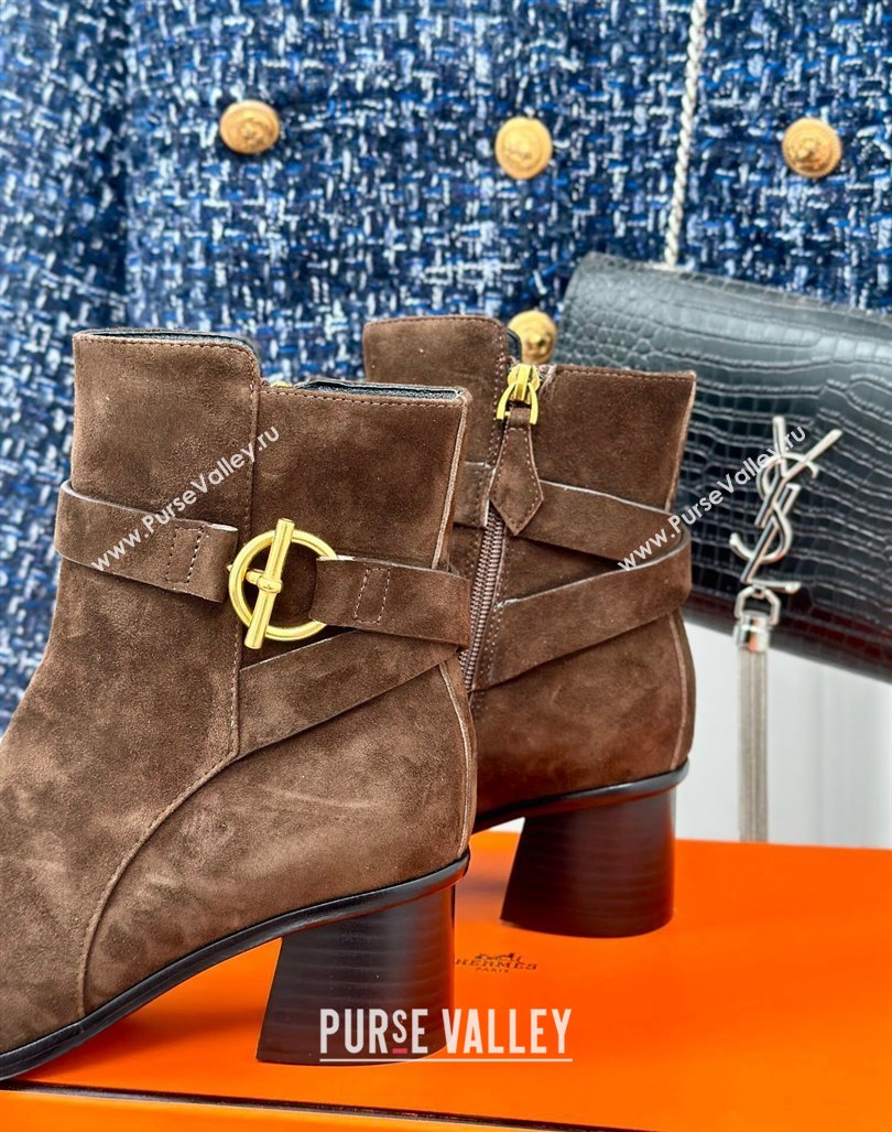 Hermes Jill Heel Ankle Boots 6cm in Suede with Glenan Buckle Dark Brown 2024 (MD-241008051)