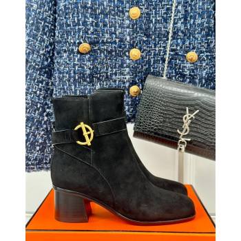 Hermes Jill Heel Ankle Boots 6cm in Suede with Glenan Buckle Black 2024 (MD-241008052)