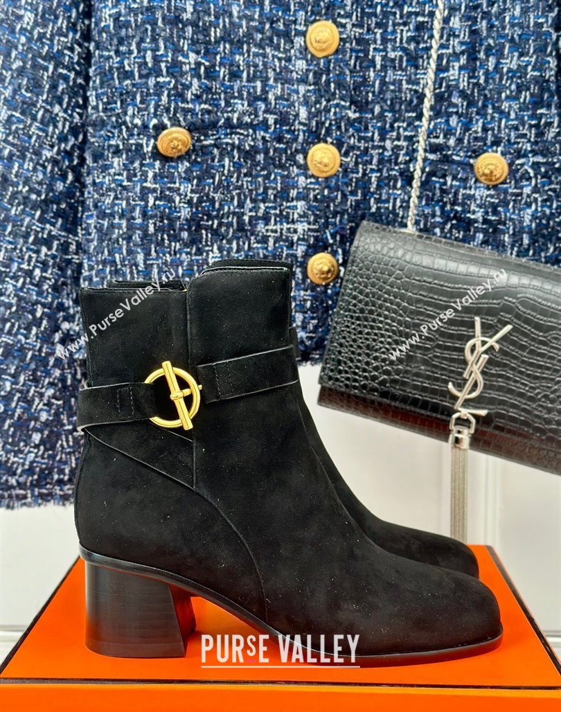 Hermes Jill Heel Ankle Boots 6cm in Suede with Glenan Buckle Black 2024 (MD-241008052)