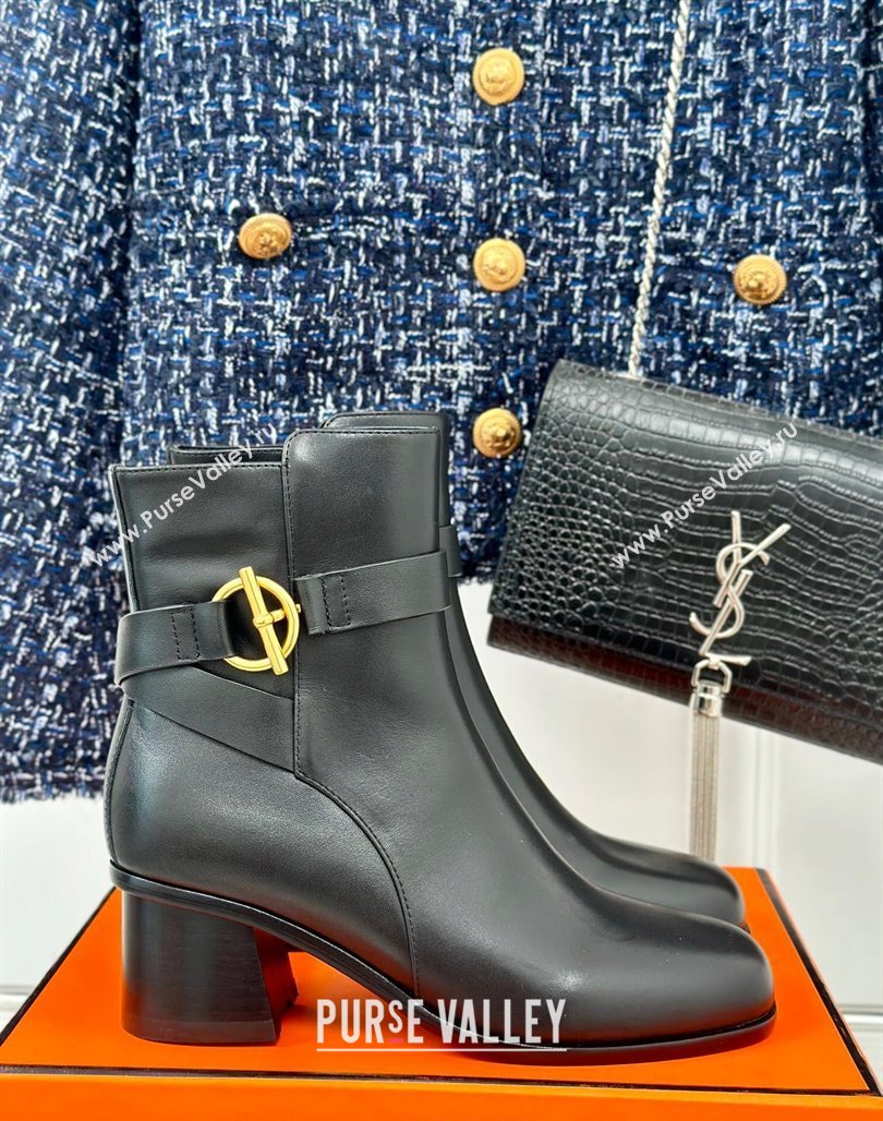 Hermes Jill Heel Ankle Boots 6cm in Calfskin with Glenan Buckle Black 2024 (MD-241008048)