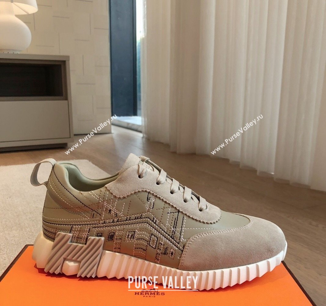 Hermes Bouncing Sneakers in Embroidered Leather and Suede Green/Grey 2024 (XC-241008096)