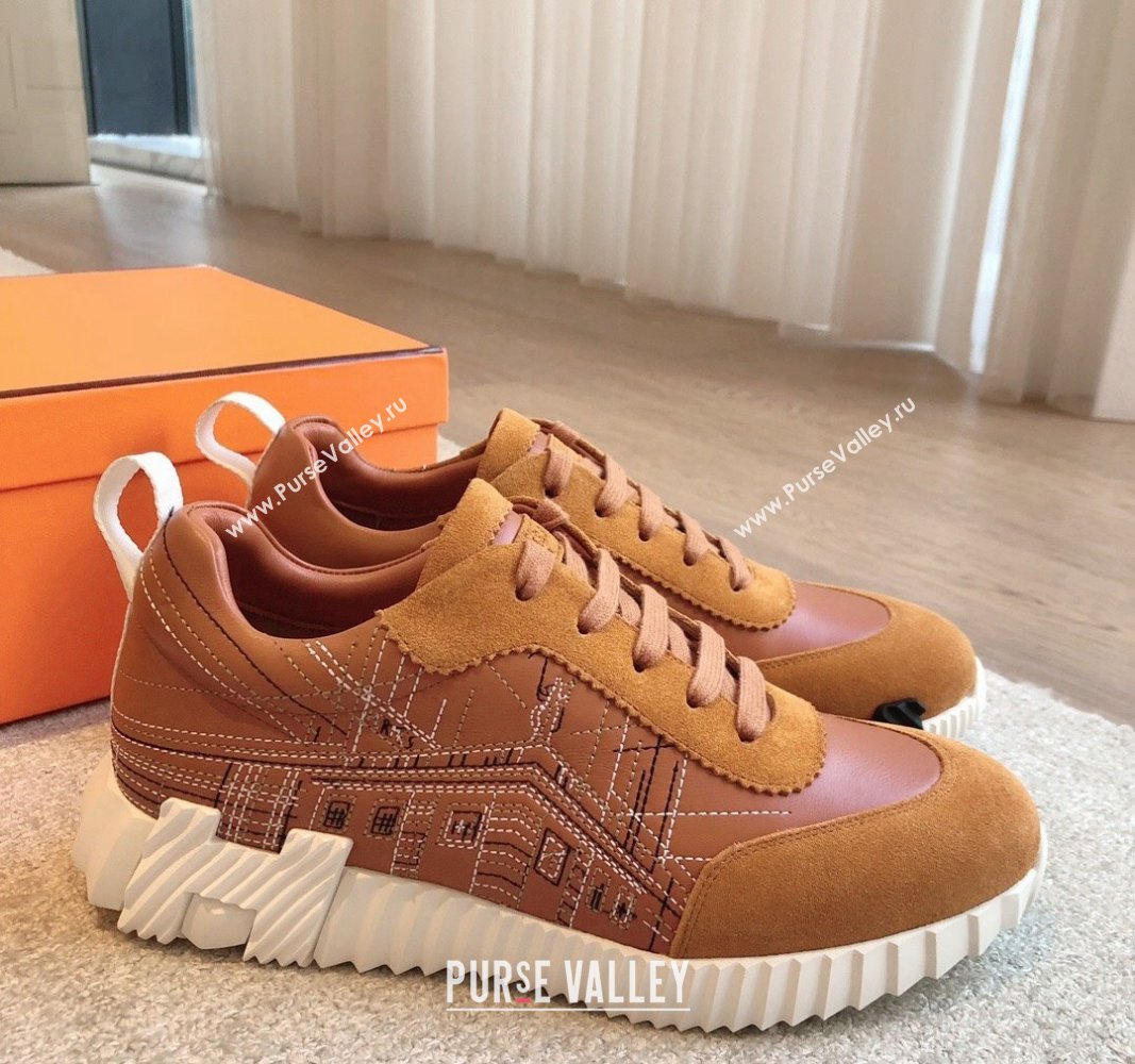 Hermes Bouncing Sneakers in Embroidered Leather and Suede Brown 2024 (XC-241008097)