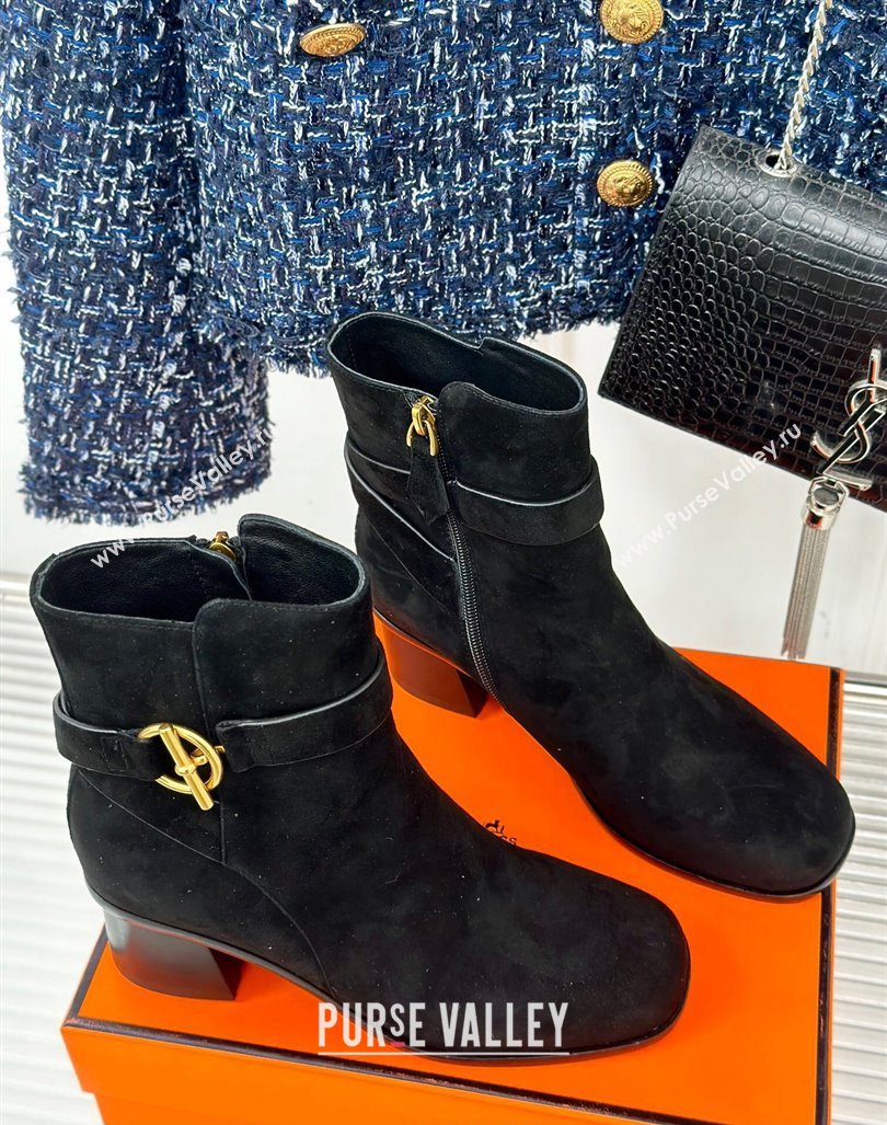 Hermes Jill Heel Ankle Boots 6cm in Suede with Glenan Buckle Black 2024 (MD-241008052)