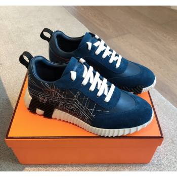 Hermes Bouncing Sneakers in Embroidered Leather and Suede Dark Blue 2024 (XC-241008098)