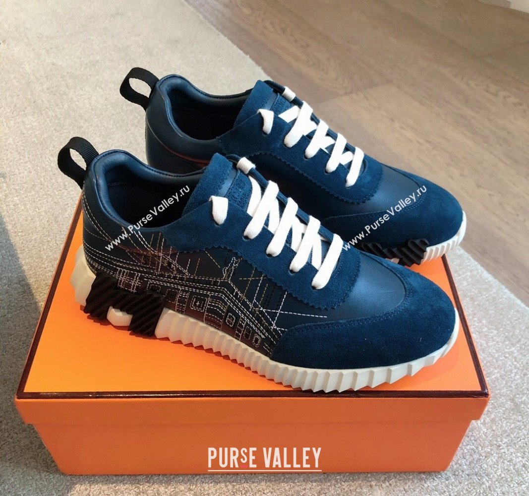 Hermes Bouncing Sneakers in Embroidered Leather and Suede Dark Blue 2024 (XC-241008098)