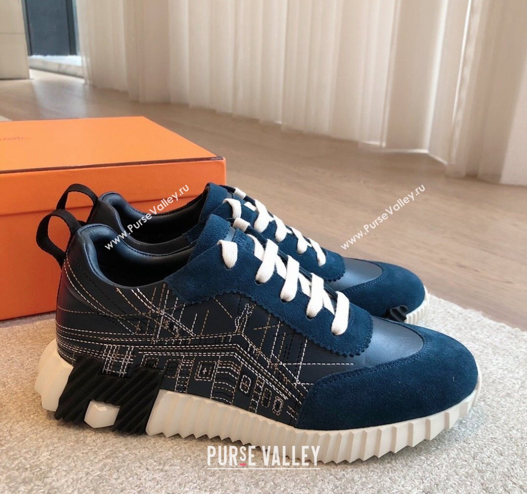 Hermes Bouncing Sneakers in Embroidered Leather and Suede Dark Blue 2024 (XC-241008098)